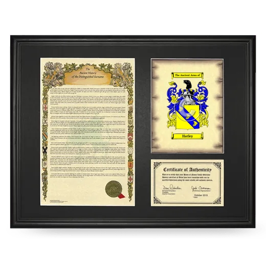 Hatley Framed Surname History and Coat of Arms - Black