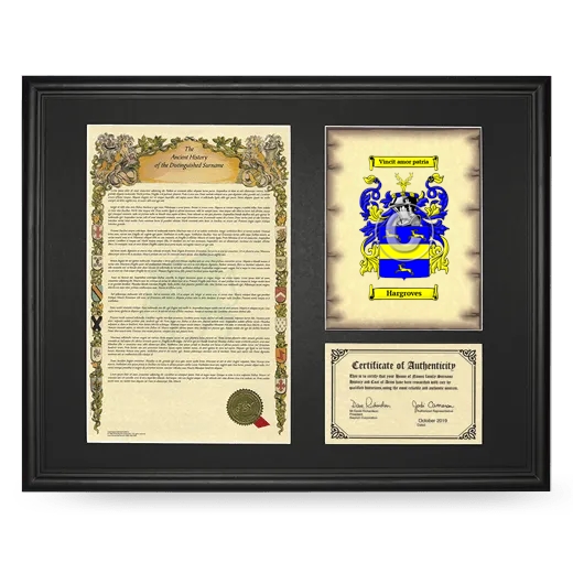 Hargroves Framed Surname History and Coat of Arms - Black