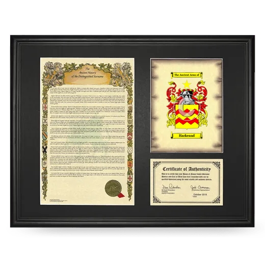 Harkeand Framed Surname History and Coat of Arms - Black