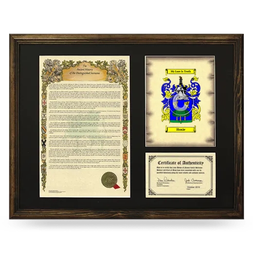 Hoxie Framed Surname History and Coat of Arms - Brown