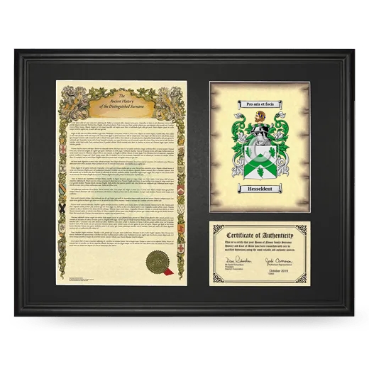 Hesseldent Framed Surname History and Coat of Arms - Black