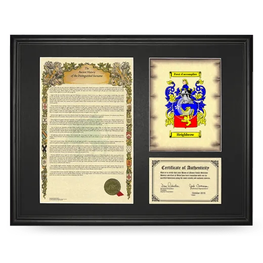 Heighbrow Framed Surname History and Coat of Arms - Black