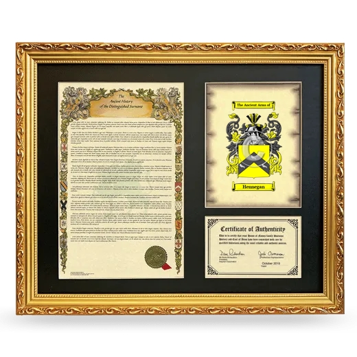Hennegan Framed Surname History and Coat of Arms- Gold
