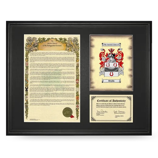 Heydn Framed Surname History and Coat of Arms - Black