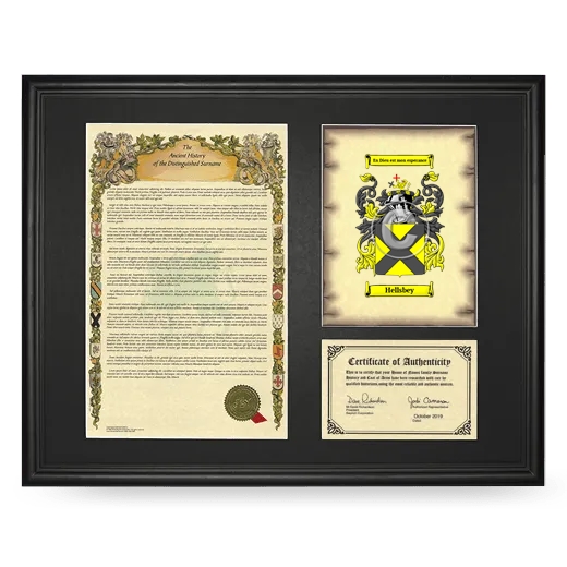 Hellsbey Framed Surname History and Coat of Arms - Black