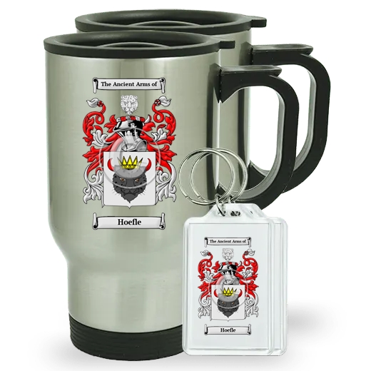 Hoefle Pair of Travel Mugs and pair of Keychains