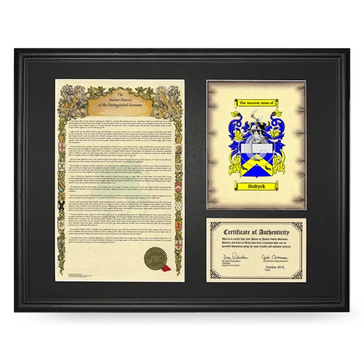 Holtyck Framed Surname History and Coat of Arms - Black