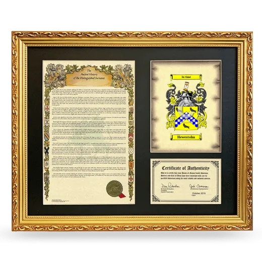 Hewestolm Framed Surname History and Coat of Arms- Gold