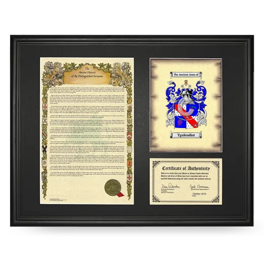 Ygulendint Framed Surname History and Coat of Arms - Black