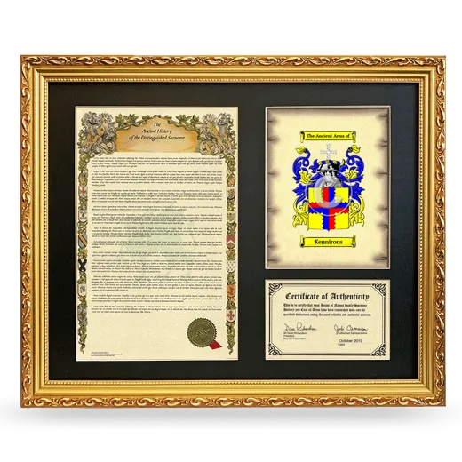 Kennirons Framed Surname History and Coat of Arms- Gold
