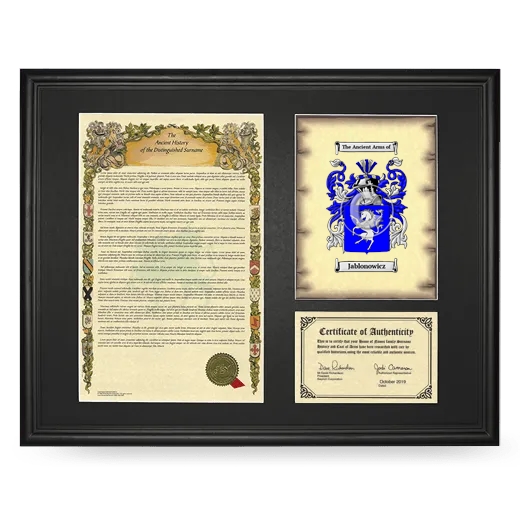 Jablonowicz Framed Surname History and Coat of Arms - Black