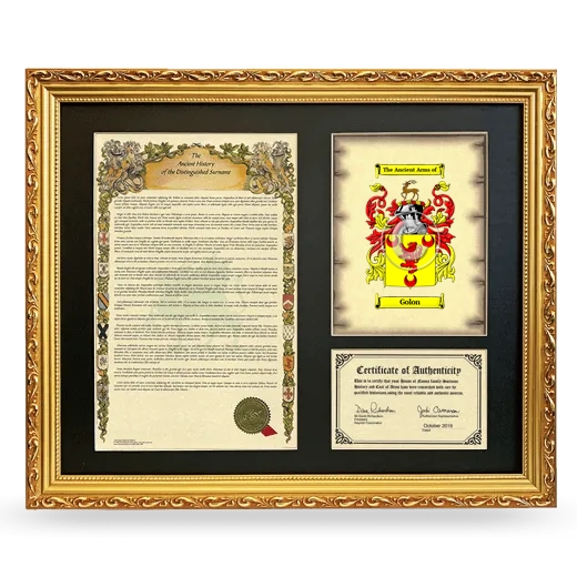 Golon Framed Surname History and Coat of Arms- Gold