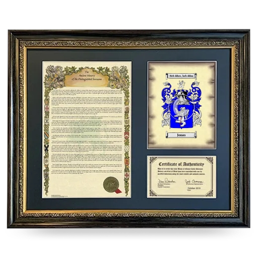 Jonas Framed Surname History and Coat of Arms- Heirloom