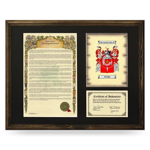 O'Cain Framed Surname History and Coat of Arms - Brown