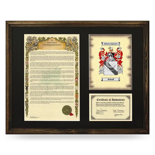 Kelsall Framed Surname History and Coat of Arms - Brown