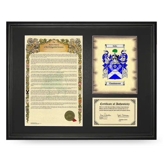 Cinninmont Framed Surname History and Coat of Arms - Black
