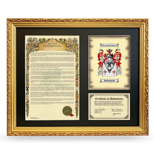 Kychemynd Framed Surname History and Coat of Arms- Gold