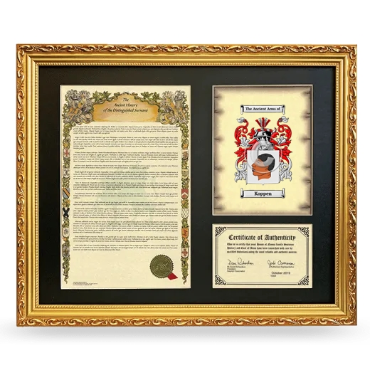Koppen Framed Surname History and Coat of Arms- Gold