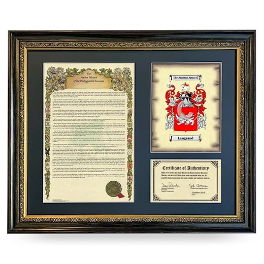 Langsand Framed Surname History and Coat of Arms- Heirloom