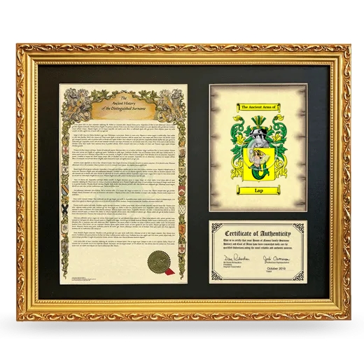 Lap Framed Surname History and Coat of Arms- Gold