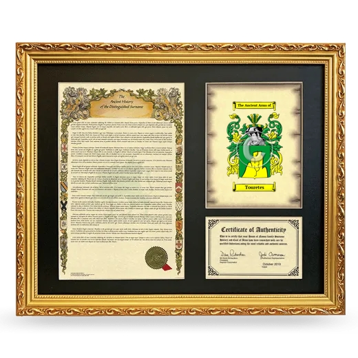 Touretes Framed Surname History and Coat of Arms- Gold