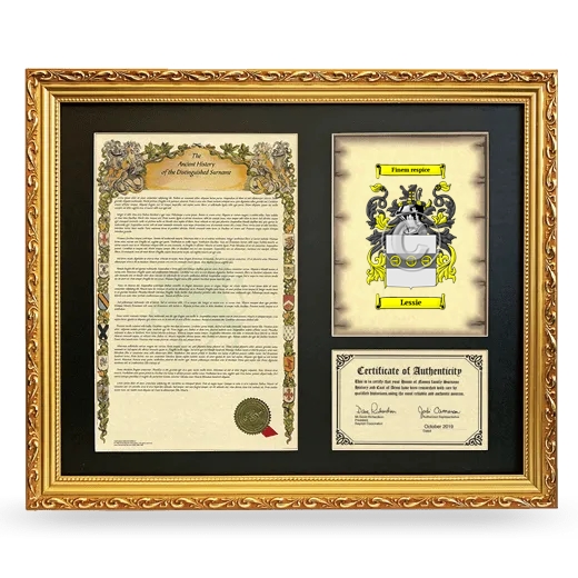 Lessie Framed Surname History and Coat of Arms- Gold