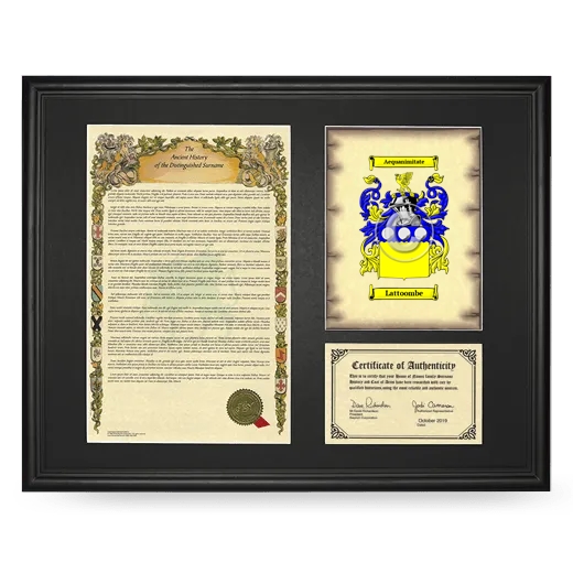 Lattoombe Framed Surname History and Coat of Arms - Black