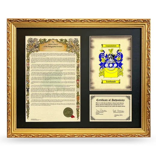 Leathomb Framed Surname History and Coat of Arms- Gold