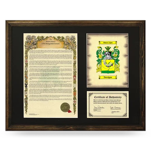 Desvigne Framed Surname History and Coat of Arms - Brown