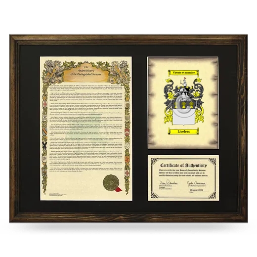 Liveless Framed Surname History and Coat of Arms - Brown