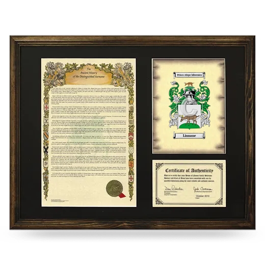 Linnane Framed Surname History and Coat of Arms - Brown