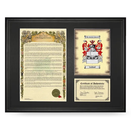 Lealand Framed Surname History and Coat of Arms - Black