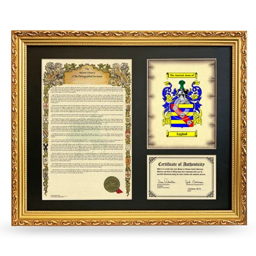 Lygind Framed Surname History and Coat of Arms- Gold