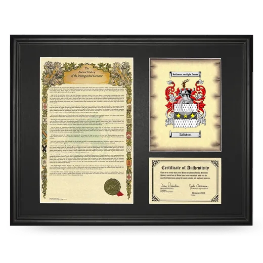 Lidston Framed Surname History and Coat of Arms - Black