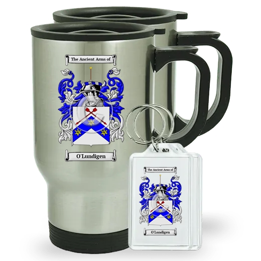 O'Lundigen Pair of Travel Mugs and pair of Keychains