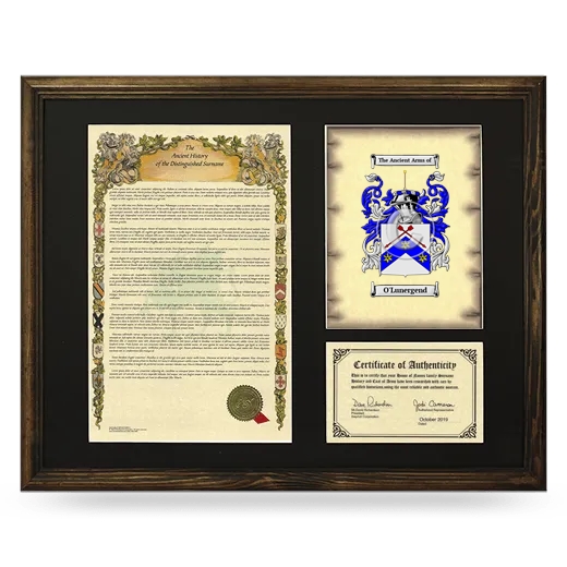 O'Lunergend Framed Surname History and Coat of Arms - Brown