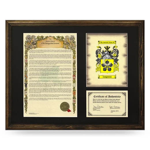 Longeaux Framed Surname History and Coat of Arms - Brown
