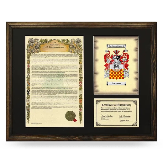 Louvieres Framed Surname History and Coat of Arms - Brown