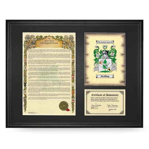 McAlbing Framed Surname History and Coat of Arms - Black