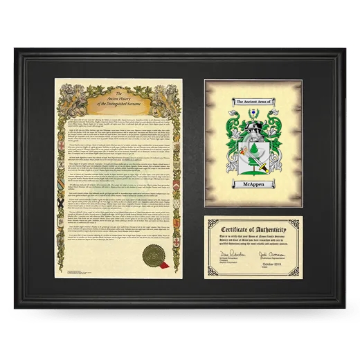 McAppen Framed Surname History and Coat of Arms - Black