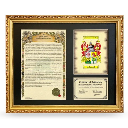 McCrindell Framed Surname History and Coat of Arms- Gold