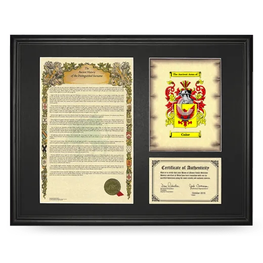 Cuise Framed Surname History and Coat of Arms - Black