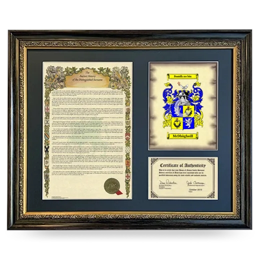 McDhùghaill Framed Surname History and Coat of Arms- Heirloom
