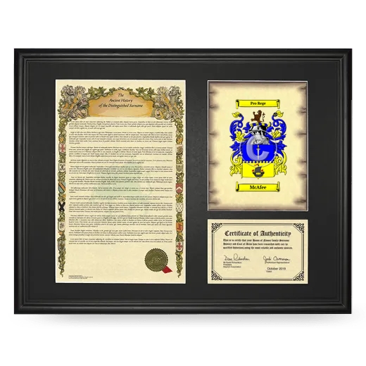 McAfee Framed Surname History and Coat of Arms - Black