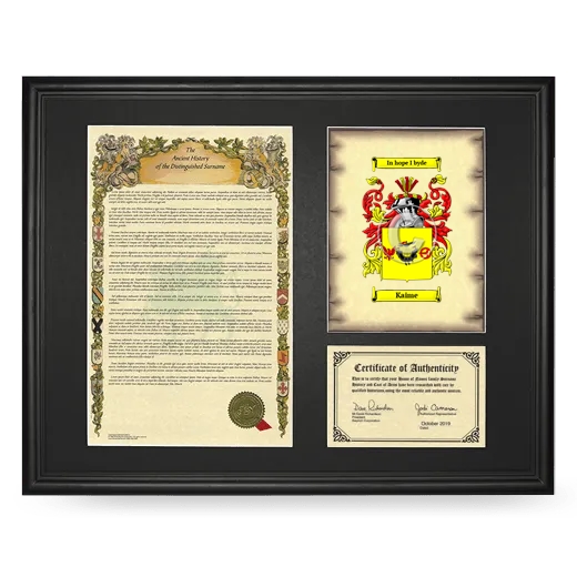 Kaime Framed Surname History and Coat of Arms - Black