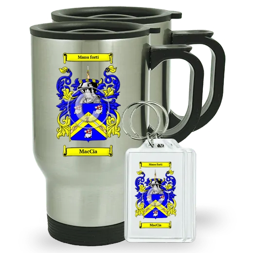 MacCia Pair of Travel Mugs and pair of Keychains