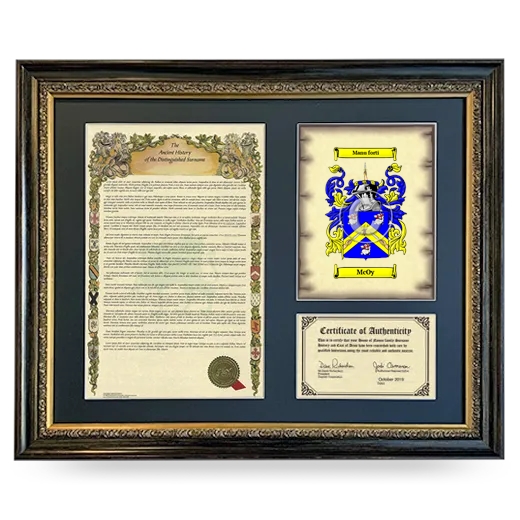 McOy Framed Surname History and Coat of Arms- Heirloom