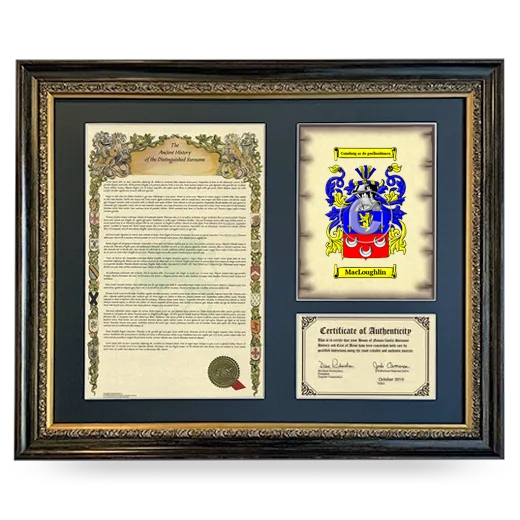 MacLoughlin Framed Surname History and Coat of Arms- Heirloom