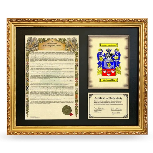 MacLoughlin Framed Surname History and Coat of Arms- Gold