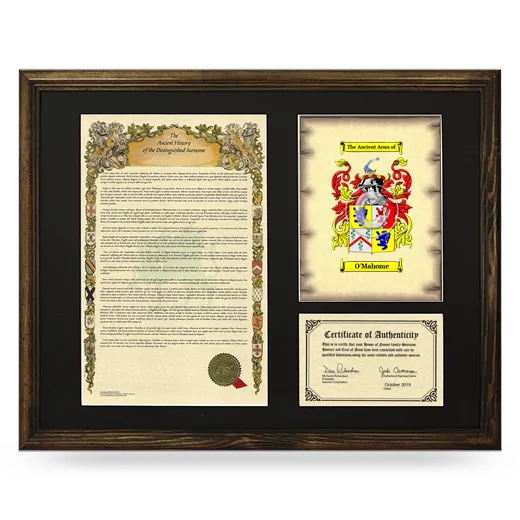 O'Mahome Framed Surname History and Coat of Arms - Brown